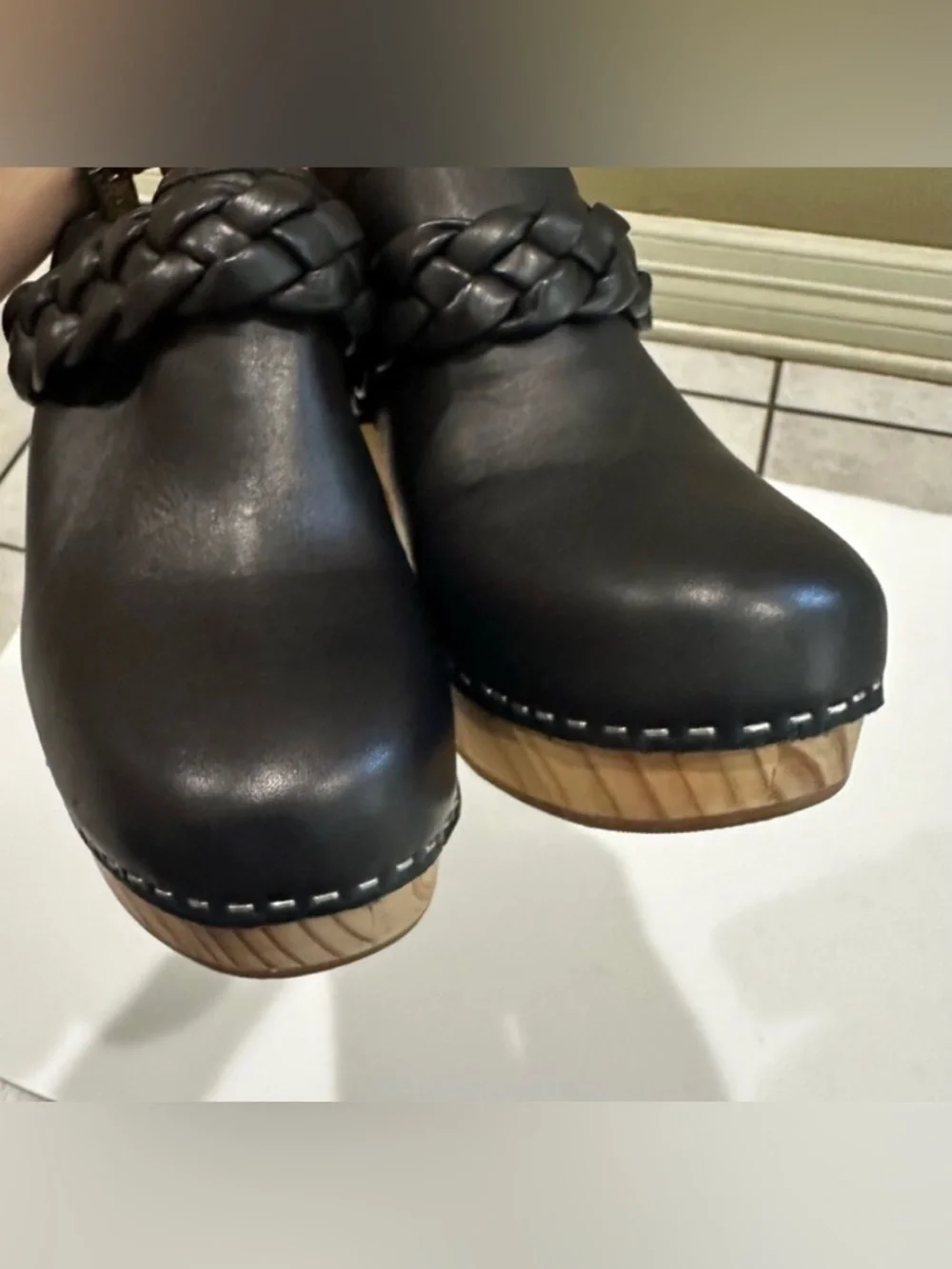 Dolce Vita Black Leather Braided Clog Mules with Wooden Platform Shoes NWOT - Picture 8 of 15